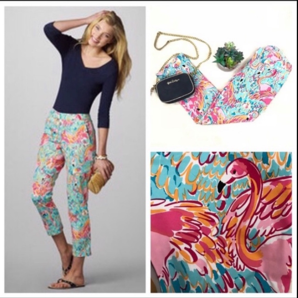 Lilly Pulitzer Teal Blue, Pink, & Orange Flamingo Tapered Leg Pants